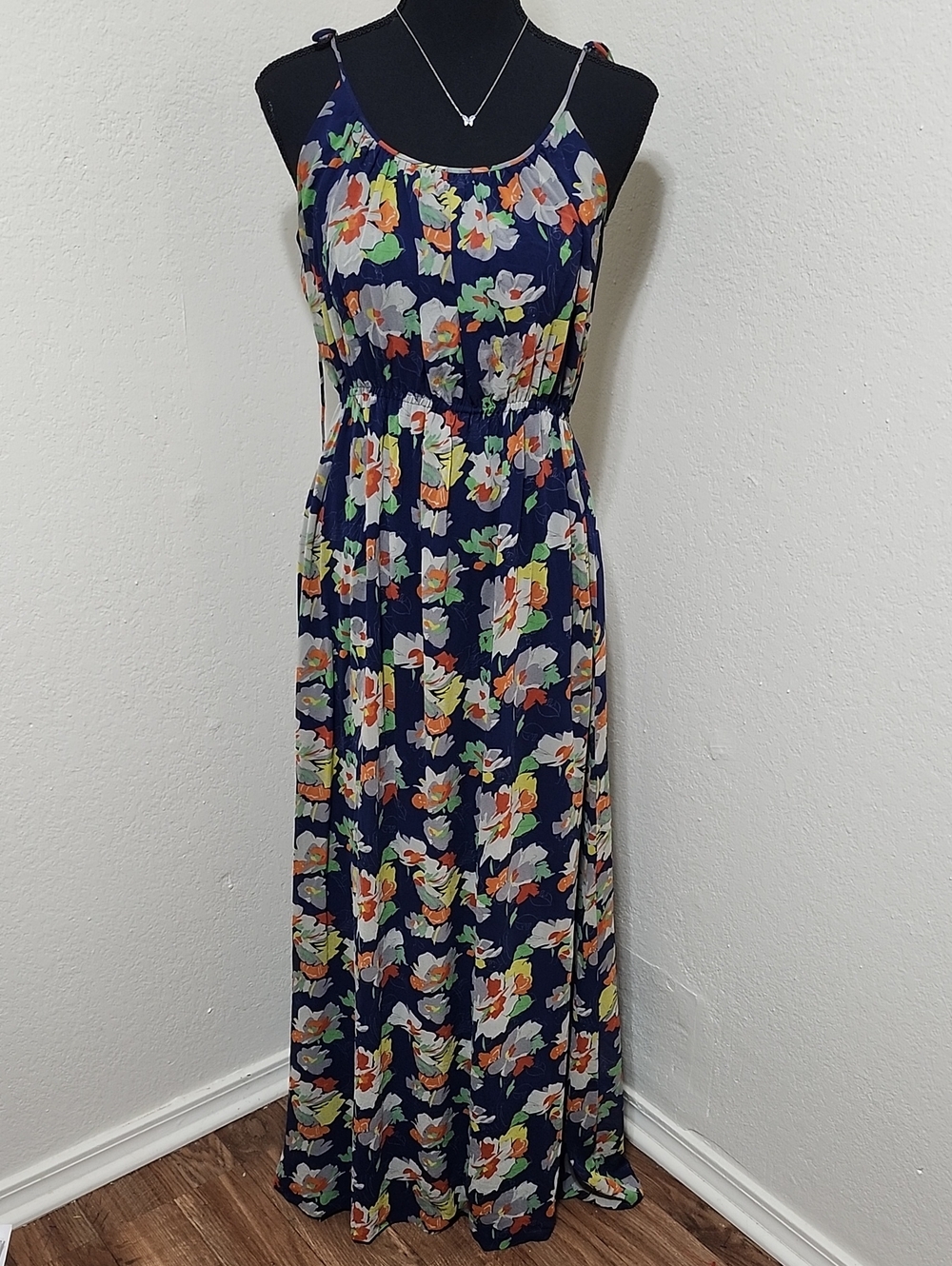 Theory Silk Floral Maxi Dress Navy Blue Orange Green Spaghetti Strap S M Luxury
